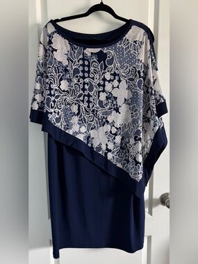 Classy R&M Richards Navy Dress with White Floral Lace Overlay, Asymmetrical